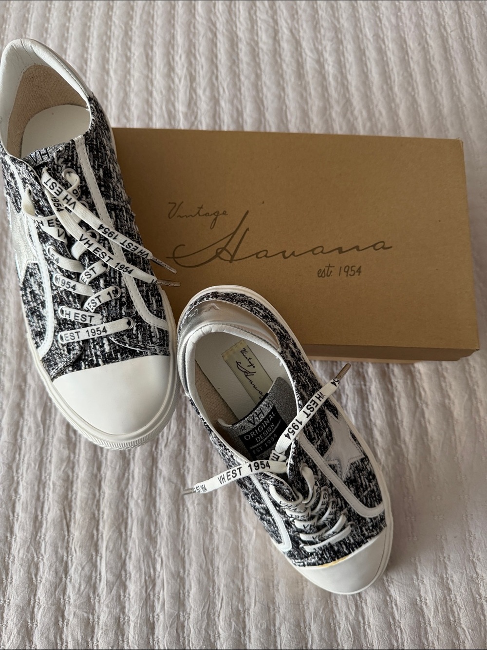 Vintage Havana Black & White Tweed Low-Top Sneakers w/ Iconic Logo Laces
